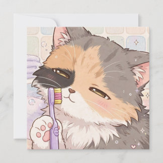 Anime calico cat with toothbrush card