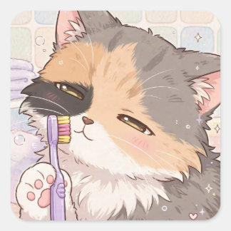 Anime calico cat with toothbrush square sticker