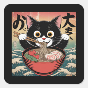 Anime Cat Eating Ramen Funny Japanese Retro Style Square Sticker