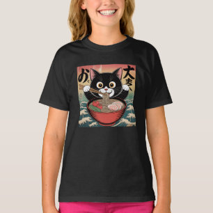 Anime Cat Eating Ramen Funny Japanese Retro Style T-Shirt