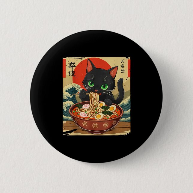Anime Cat Eating Ramen Japanese Art Graphic Cat Cu 6 Cm Round Badge (Front)