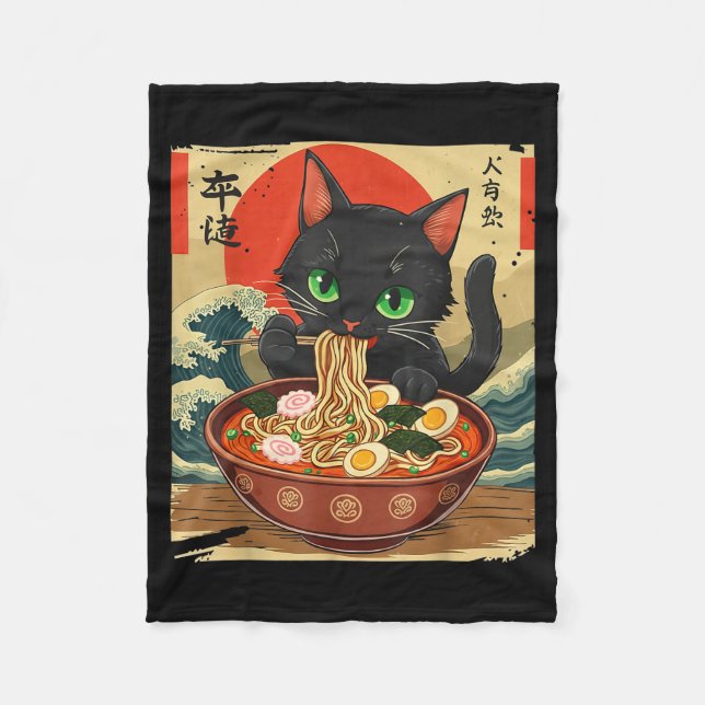 Anime Cat Eating Ramen Japanese Art Graphic Cat Cu Fleece Blanket (Front)