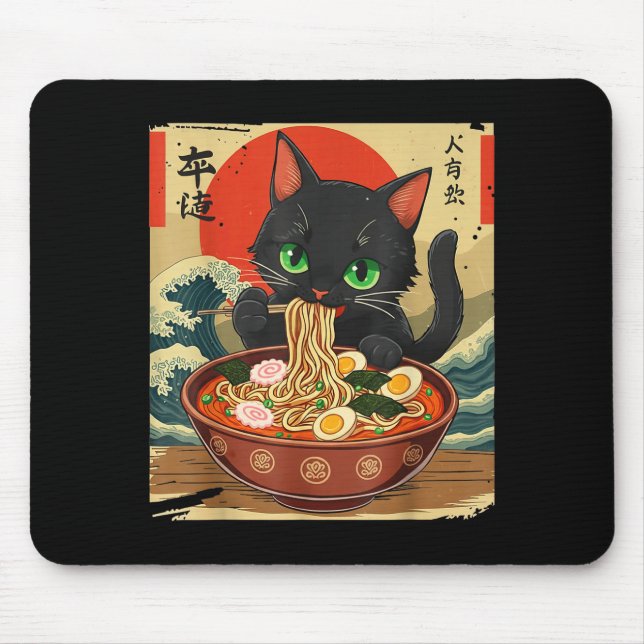 Anime Cat Eating Ramen Japanese Art Graphic Cat Cu Mouse Mat (Front)