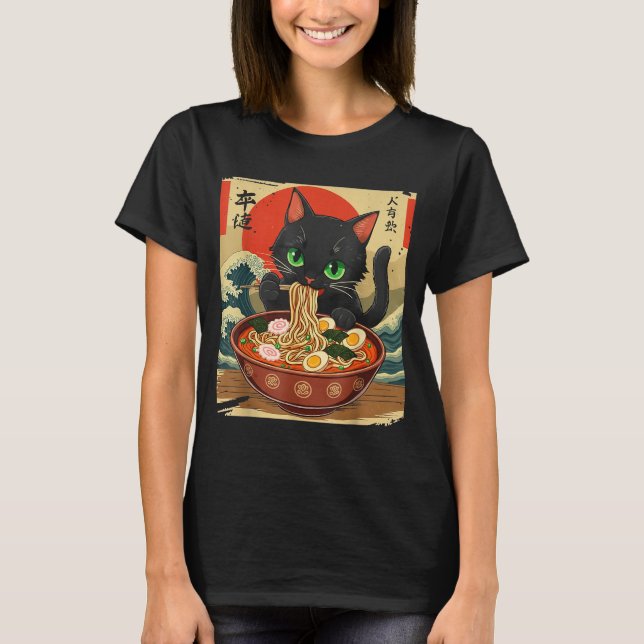 Anime Cat Eating Ramen Japanese Art Graphic Cat Cu T-Shirt (Front)