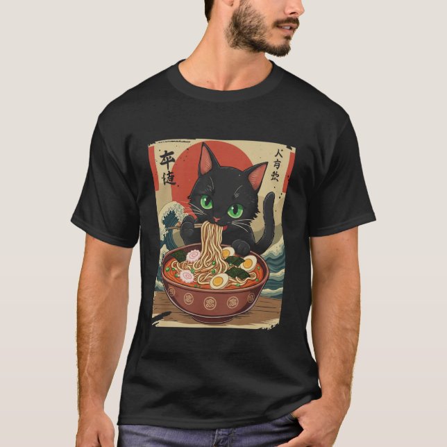 Anime Cat Eating Ramen Japanese Art Graphic Cat Cu T-Shirt (Front)