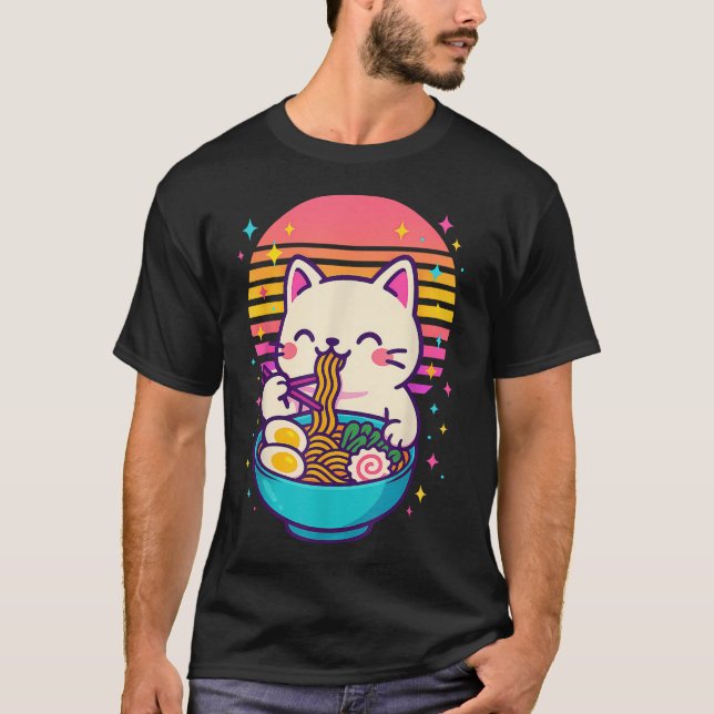 Anime Cat Eating Ramen Japanese T-Shirt (Front)