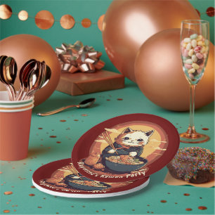 Anime Cat Eating Ramen Noodles Birthday Party Paper Plate