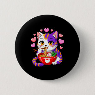 Anime Cat Eating Ramen Noodles With Hearts Funny V 6 Cm Round Badge