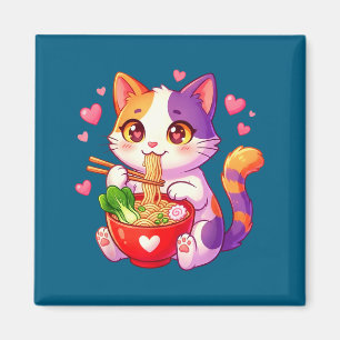 Anime Cat Eating Ramen Noodles With Hearts Funny V Magnet