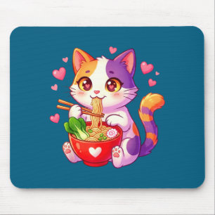 Anime Cat Eating Ramen Noodles With Hearts Funny V Mouse Mat