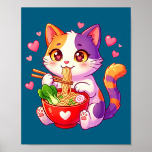 Anime Cat Eating Ramen Noodles With Hearts Funny V Poster