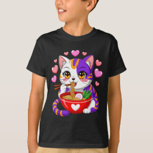 Anime Cat Eating Ramen Noodles With Hearts Funny V T-Shirt