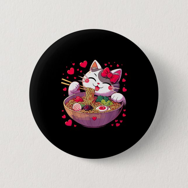 Anime Cat Eating Ramen Noodles With Hearts Valenti 6 Cm Round Badge (Front)