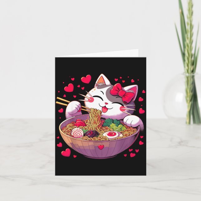 Anime Cat Eating Ramen Noodles With Hearts Valenti Card (Front)