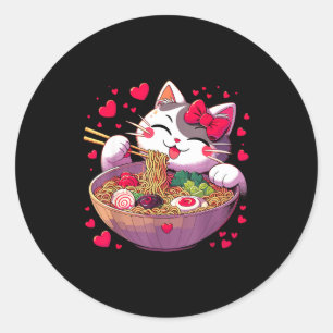 Anime Cat Eating Ramen Noodles With Hearts Valenti Classic Round Sticker