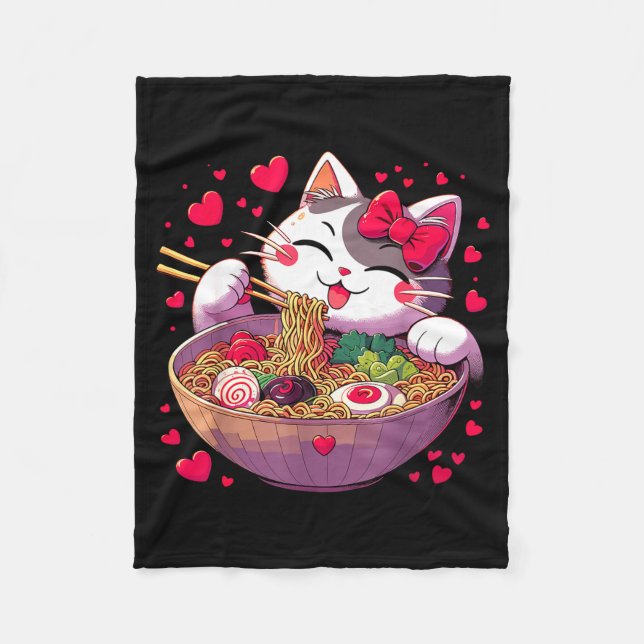 Anime Cat Eating Ramen Noodles With Hearts Valenti Fleece Blanket (Front)