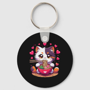 Anime Cat Eating Ramen Noodles With Hearts Valenti Key Ring