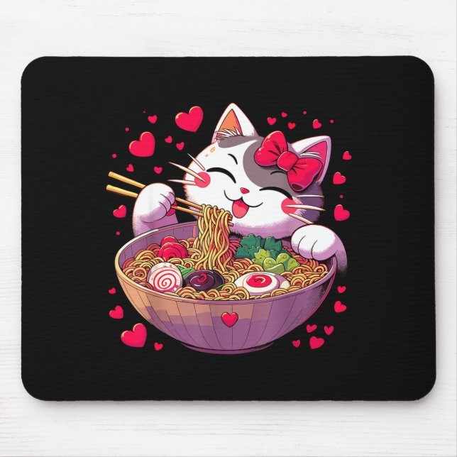 Anime Cat Eating Ramen Noodles With Hearts Valenti Mouse Mat (Front)