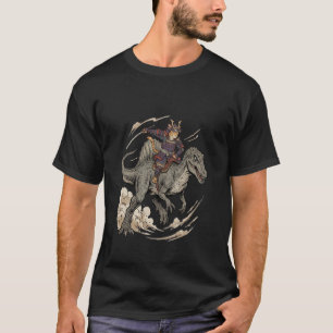 Anime Cat Funny Samurai Cat Riding Dinosaur Spinos T-Shirt
