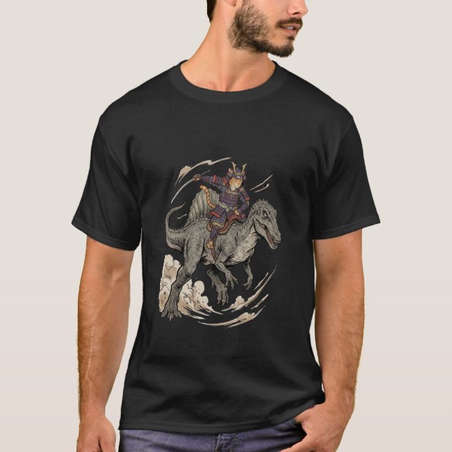 Anime Cat Funny Samurai Cat Riding Dinosaur Spinos T-Shirt (Front)