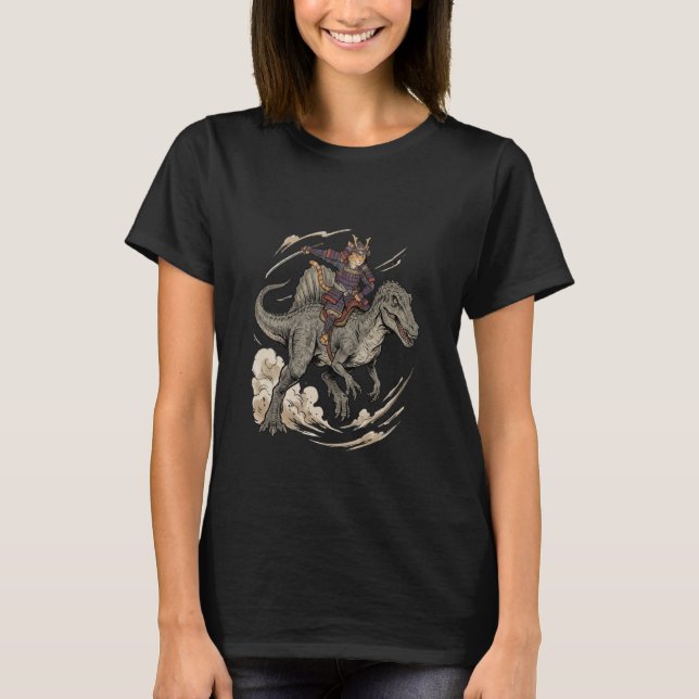 Anime Cat Funny Samurai Cat Riding Dinosaur Spinos T-Shirt (Front)
