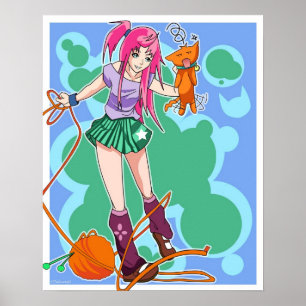 Anime Cat Girl & Cat With Yarn Ball Poster