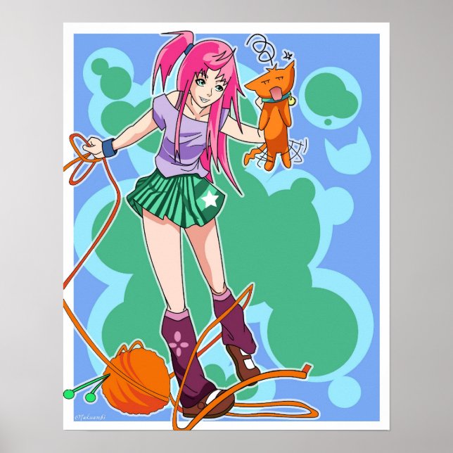 Anime Cat Girl & Cat With Yarn Ball Poster (Front)