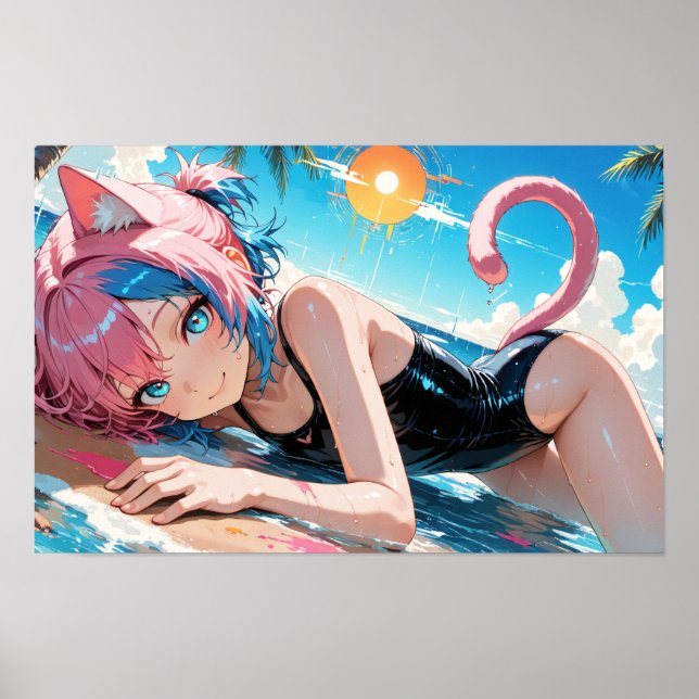 Anime Cat Girl Summer Beach Fun Poster (Front)