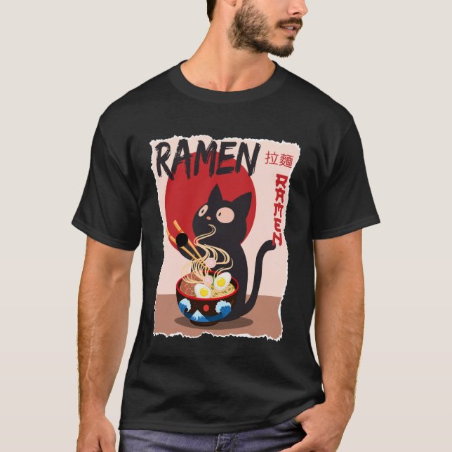 Anime Cat Ramen Instant Noodles Funny Japanese Cat T-Shirt (Front)