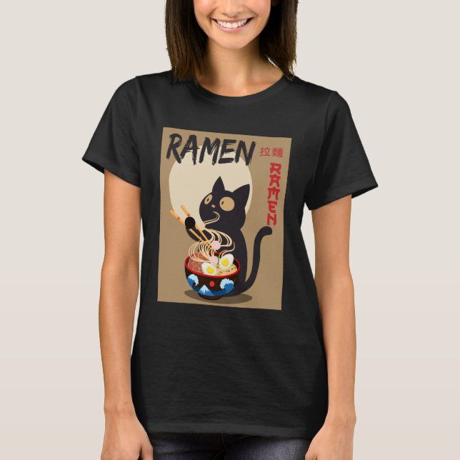 Anime Cat Ramen Instant Noodles Funny Japanese Cat T-Shirt (Front)