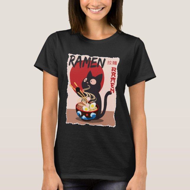 Anime Cat Ramen Instant Noodles Funny Japanese Cat T-Shirt (Front)