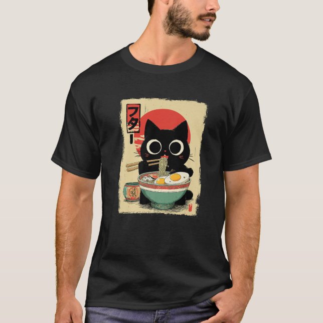 Anime Cat Ramen Japanese Funny Graphic Kawaii Prem T-Shirt (Front)
