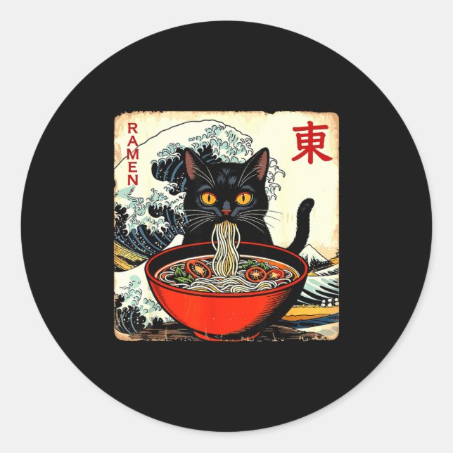 Anime Cat Ramen Japanese Funny Graphic Tees Kawaii Classic Round Sticker (Front)