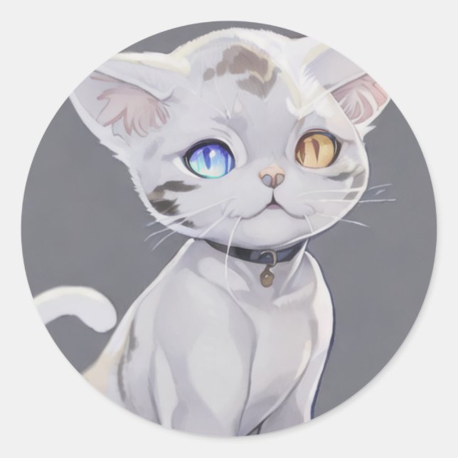 Anime cat with different coloured eyes classic round sticker (Front)