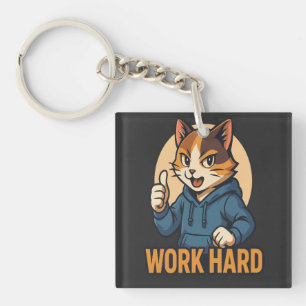 Anime Cat - WORK HARD Motivational Japanese style Key Ring