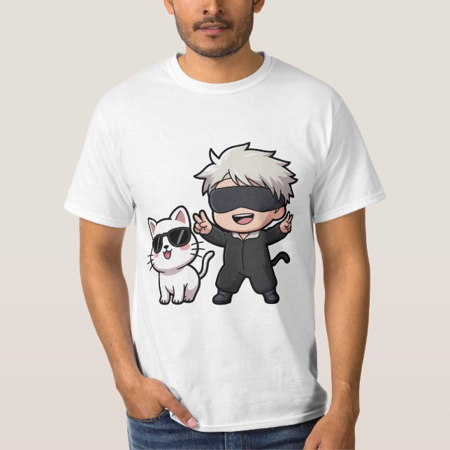 Anime Character & Blushing Cat  T-Shirt (Front)