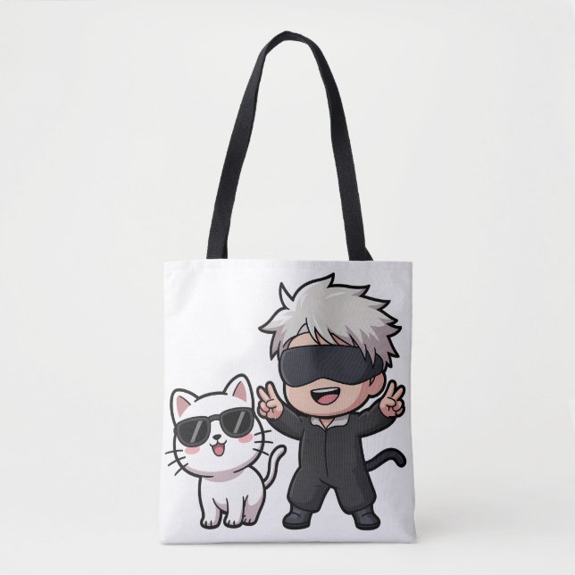 Anime Character & Blushing Cat T-Shirt Tote Bag (Front)