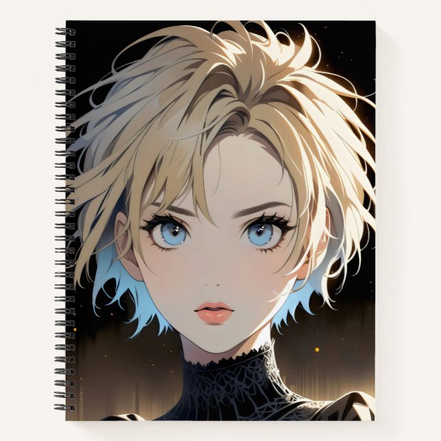 anime character with a blue eyes and a black shirt notebook (Front)