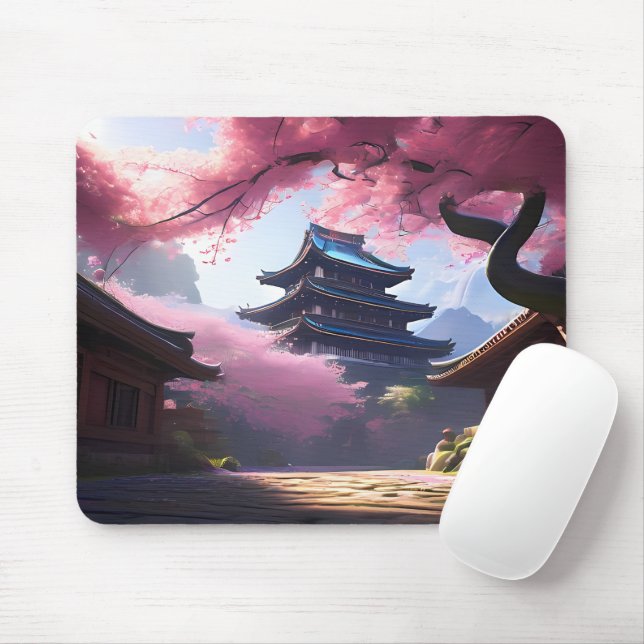 Anime Cherry Blossom & Pagoda View Landscape Mouse Mat (With Mouse)