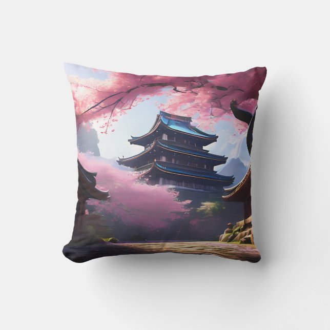 Anime Cherry Blossom & Tranquil Pagoda Landscape Cushion (Front)