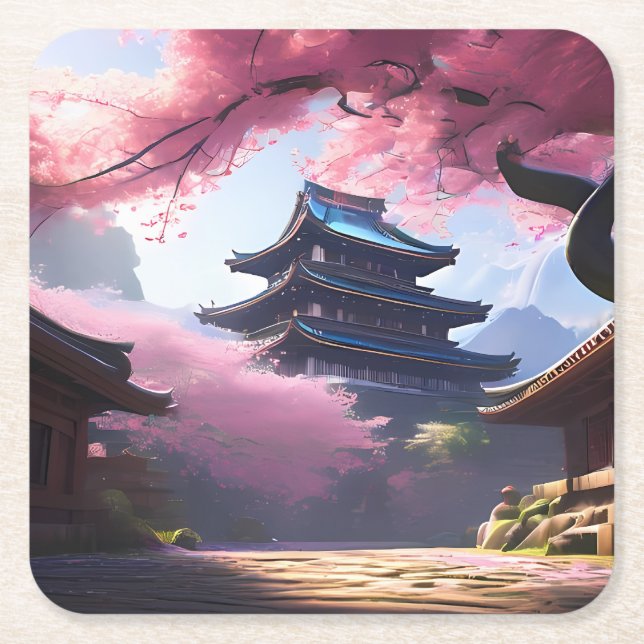Anime Cherry Blossom & Tranquil Pagoda Landscape Square Paper Coaster (Front)