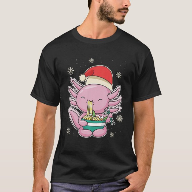 Anime Christmas Kawaii Santa Axolotl Eating Noodle T-Shirt (Front)