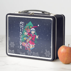 Anime Christmas Sweater- Happy Girl with Santa Hat Metal Lunch Box
