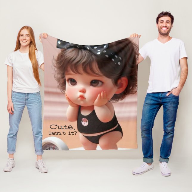 Anime Chubby Girl Photo, Cute Black Head Ribbon Fleece Blanket (In Situ)