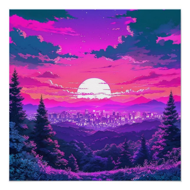 Anime City Mountain Landscape Neon Sunset Poster (Front)
