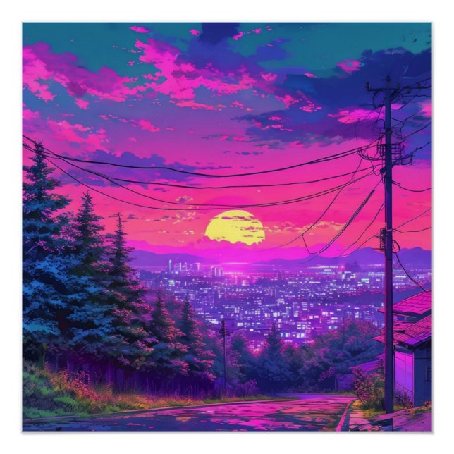 Anime City Mountain Landscape Neon Sunset Poster (Front)