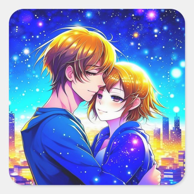 Anime Couple Cuddling with a City View Square Sticker (Front)