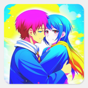 Anime Couple Hugging Pink and Blue Square Sticker