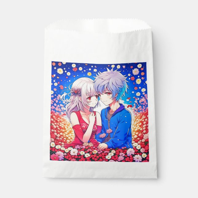 Anime Couple Love Flowers and Hearts Favour Bags (Front)