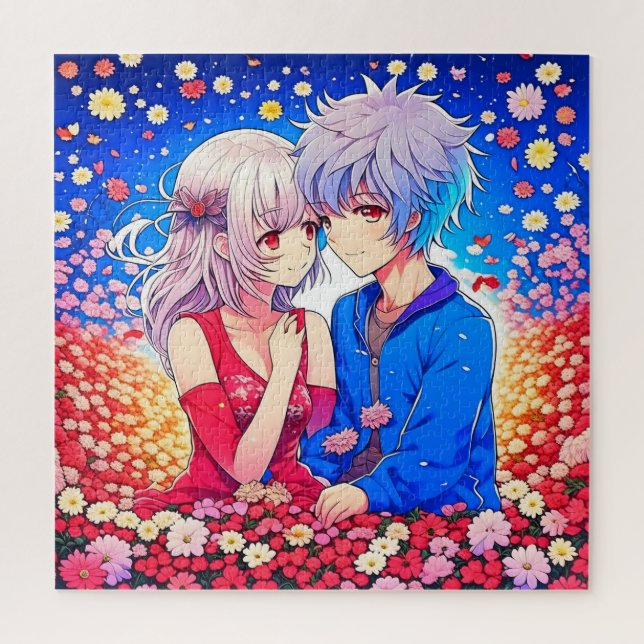 Anime Couple Love Flowers and Hearts Jigsaw Puzzle (Vertical)
